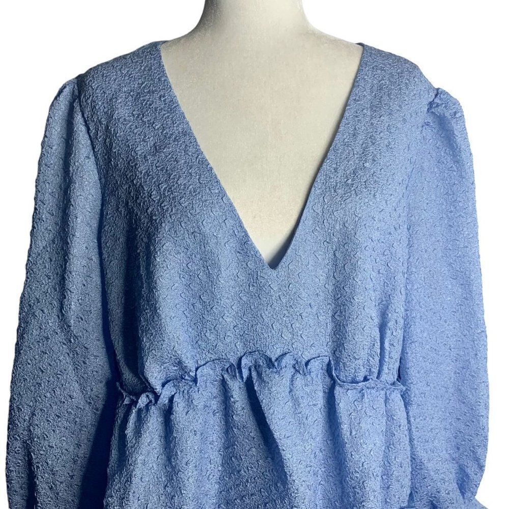New Eloquii Crepe Tiered Mini Dress 20 Blue Lined Long Puff Sleeves V Neck - Picture 2 of 7